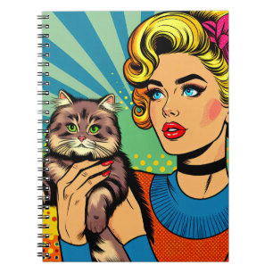 Cartoon Comic Pop Art Women Holding Cat Notebook