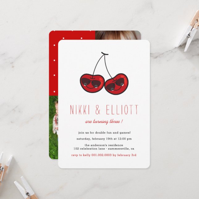 Cartoon Cool Party Cherries Twins Birthday Photo Invitation (Front/Back In Situ)