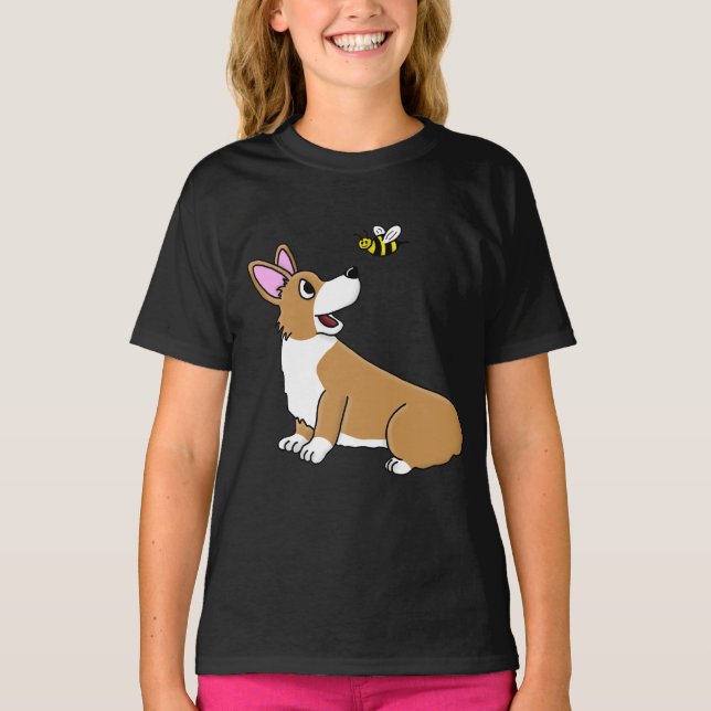 Cartoon Corgi Bee Girl's Ringer TShirt (Front)