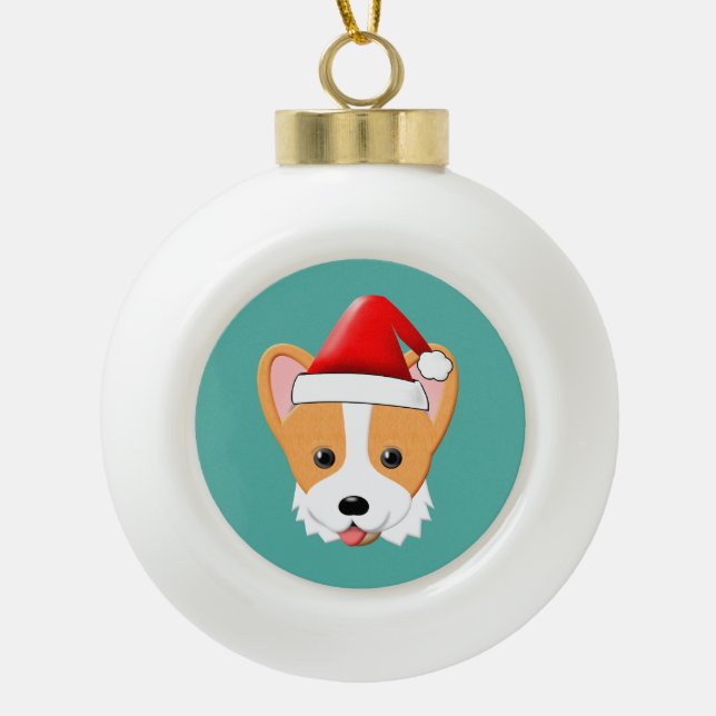 Cartoon Corgi Christmas Santa Hat Ceramic Ball Christmas Ornament (Front)