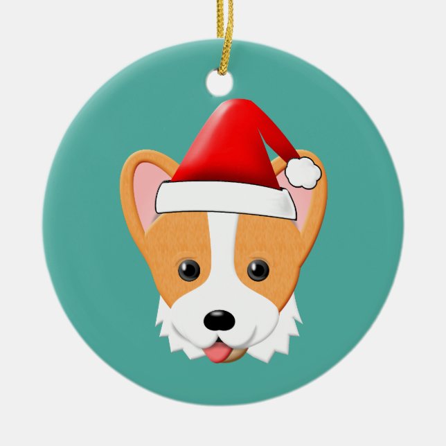Cartoon Corgi Christmas Santa Hat Ceramic Tree Decoration (Front)
