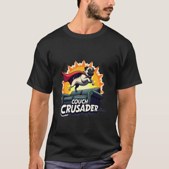 Cartoon Couch Crusader Pug T-Shirt (Front)