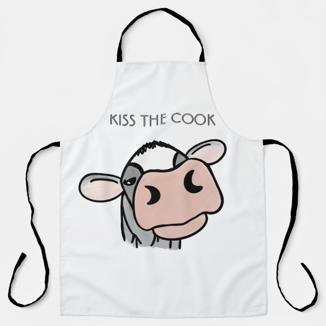 cartoon cow black white pink kiss grey farm animal apron (Front)