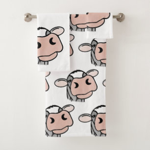 cartoon cow black white pink kiss grey farm animal bath towel set