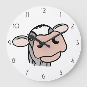 cartoon cow black white pink kiss grey farm animal large clock