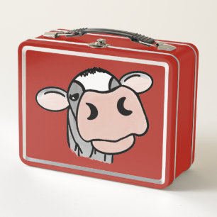 cartoon cow black white pink kiss grey farm animal metal lunch box