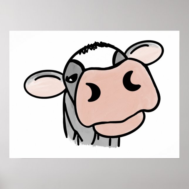 cartoon cow black white pink kiss grey farm animal poster (Front)