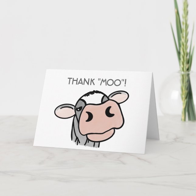 cartoon cow black white pink kiss grey farm animal thank you card (Front)