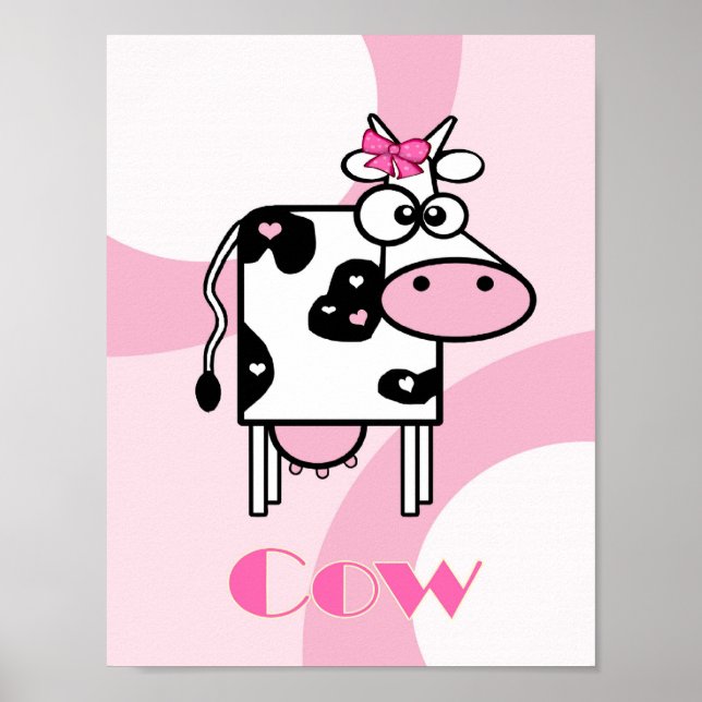 Cartoon cow illustration with hearts and circles poster (Front)