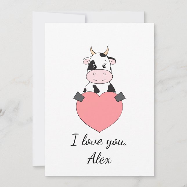 Cartoon cow in love Valentine Holiday Card (Front)