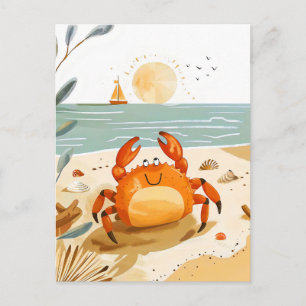 Cartoon Crab on Beach with Boat in background Postcard