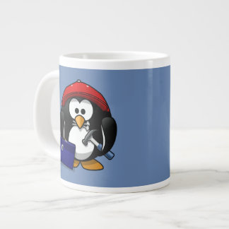 Cartoon Craftsman Penguin with Blue Background Large Coffee Mug
