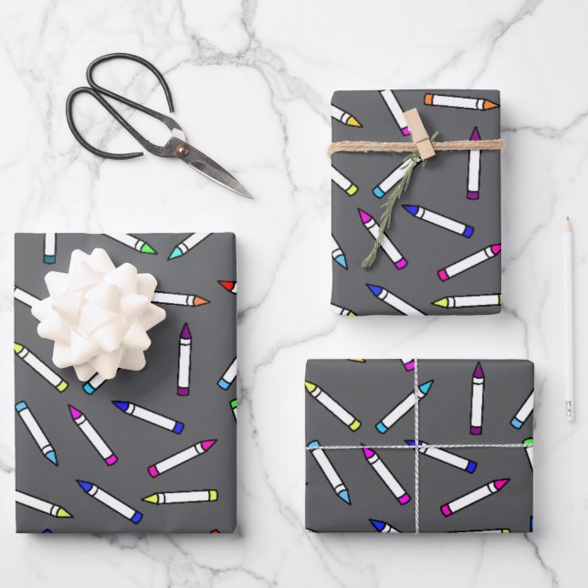 Cartoon Crayon Pattern Light Grey Wrapping Paper Sheet (Front)