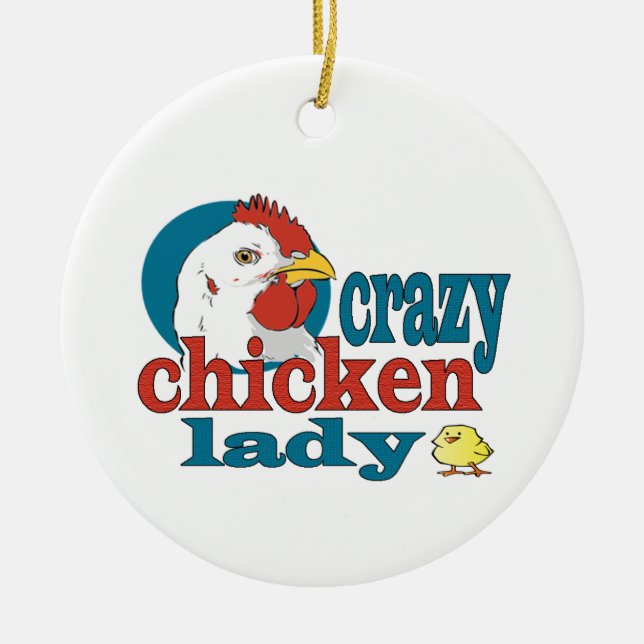 Cartoon Crazy Chicken Lady Ceramic Tree Decoration (Front)