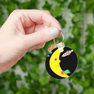 Cartoon Crescent Moon and Space Rocket Key Ring