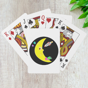 Cartoon Crescent Moon and Space Rocket Playing Cards