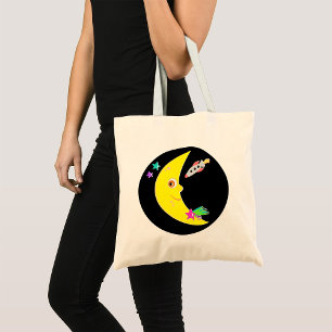 Cartoon Crescent Moon and Space Rocket Tote Bag