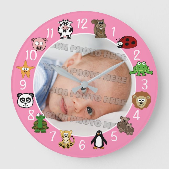 Cartoon Critters Kids and Babies Custom Pink Large Clock (Front)
