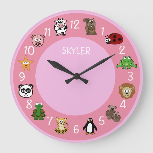 Cartoon Critters w/ Name Template Pink Large Clock (Front)