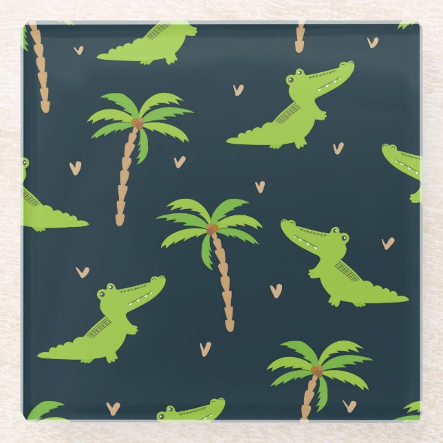 Cartoon Crocodiles: Alligator Palms Pattern. Glass Coaster (Front)
