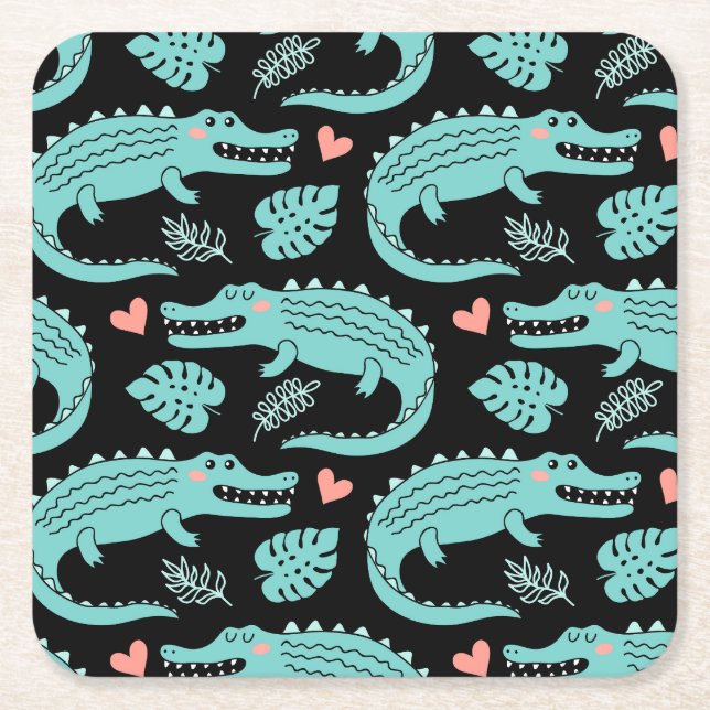 Cartoon crocodiles, cute seamless pattern. square paper coaster (Front)
