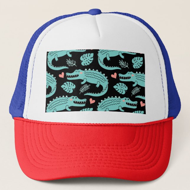 Cartoon crocodiles, cute seamless pattern. trucker hat (Front)