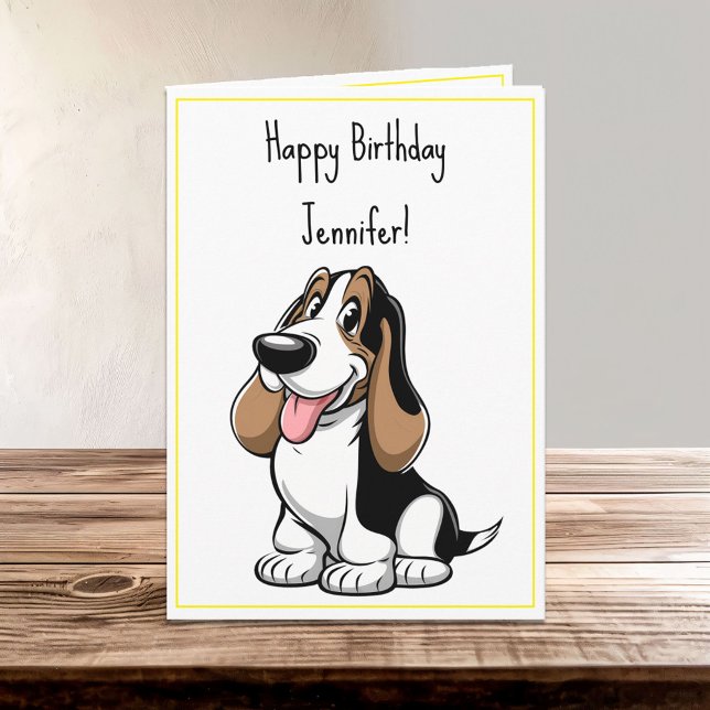 Cartoon Cute Basset Hound Puppy Dog Birthday Name Card (Creator Uploaded)