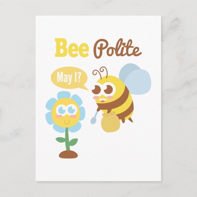 Cartoon: Cute bee collecting nectar from flower Postcard (Front)