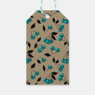 Cartoon cute blue cherry berry black leaves beige gift tags