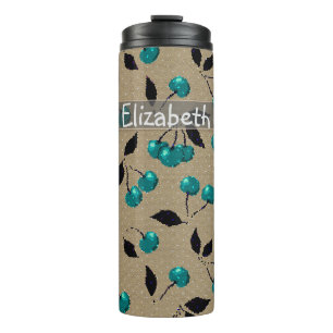 Cartoon cute blue cherry berry black leaves beige thermal tumbler
