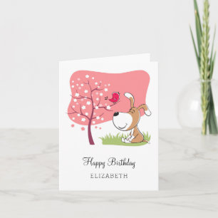 Cartoon Cute Dog Puppy Bird Flower Blooming Pink Card