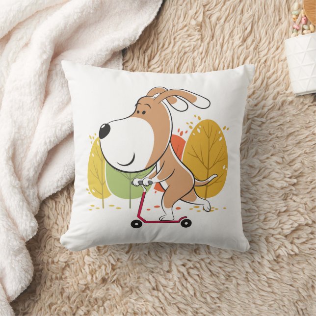 Cartoon Cute Dog Puppy Kick Scooter Autumn Park Cushion (Blanket)
