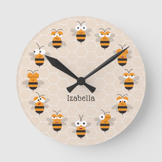 Cartoon Cute Funny Honey Bee Honeycomb Round Clock (Front)