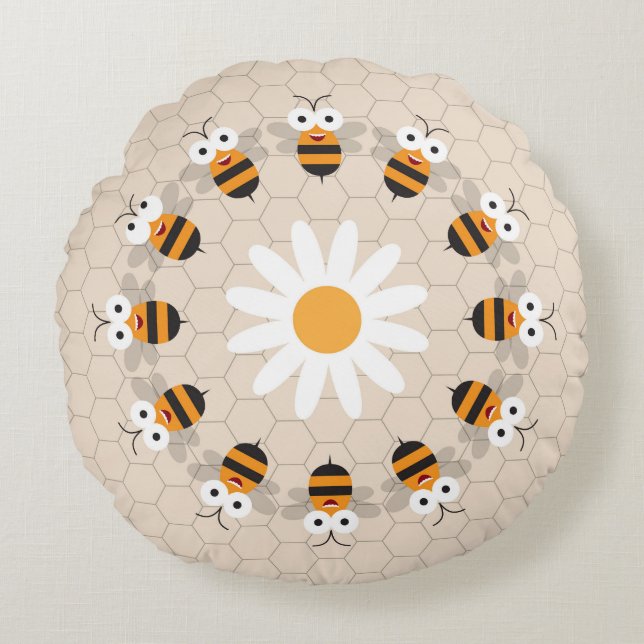 Cartoon Cute Funny Honey Bee Honeycomb Round Cushion (Front)