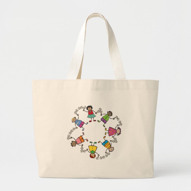 Cartoon Cute Happy Kids Friends Around The World Large Tote Bag (Front)