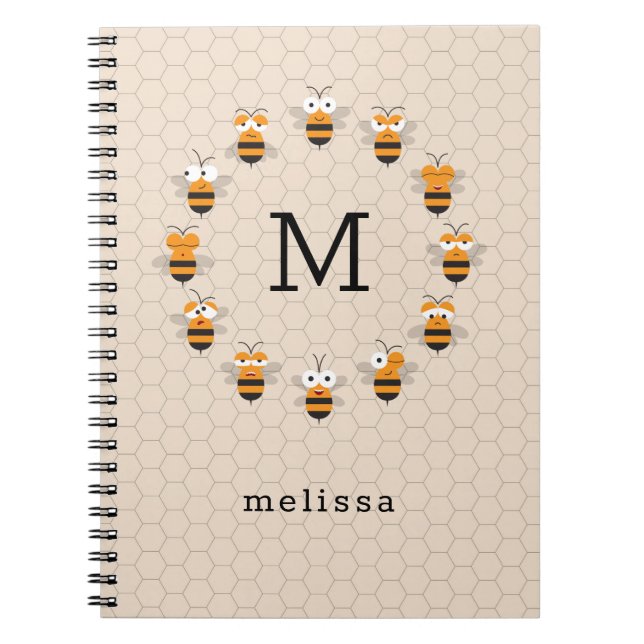 Cartoon Cute Monogram Honey Bee Honeycomb Notebook (Front)