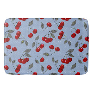 Cartoon cute red cherry berry green leaves blue ba bath mat