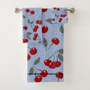 Cartoon cute red cherry berry green leaves blue ba bath towel set