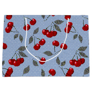 Cartoon cute red cherry berry green leaves blue ba large gift bag