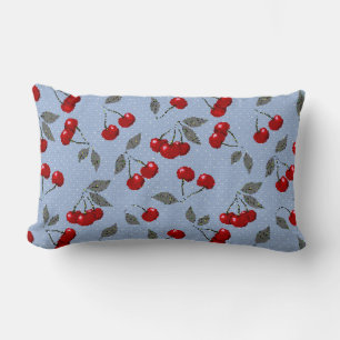 Cartoon cute red cherry berry green leaves blue ba lumbar cushion