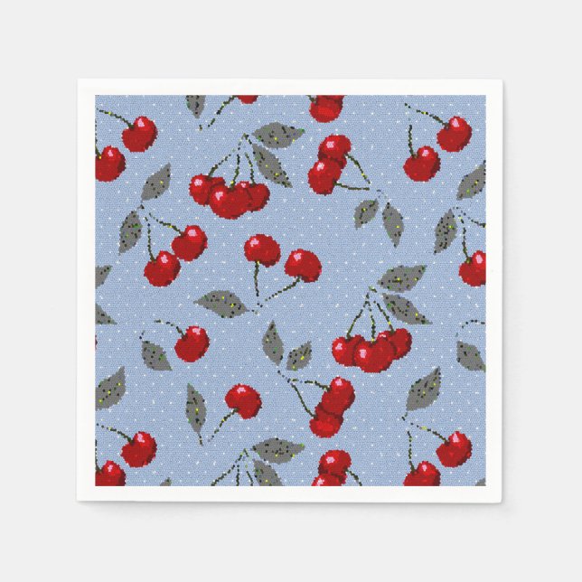 Cartoon cute red cherry berry green leaves blue ba napkin (Front)