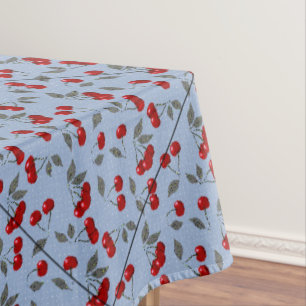 Cartoon cute red cherry berry green leaves blue ba tablecloth