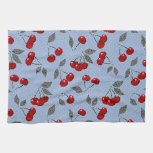 Cartoon cute red cherry berry green leaves blue ba tea towel