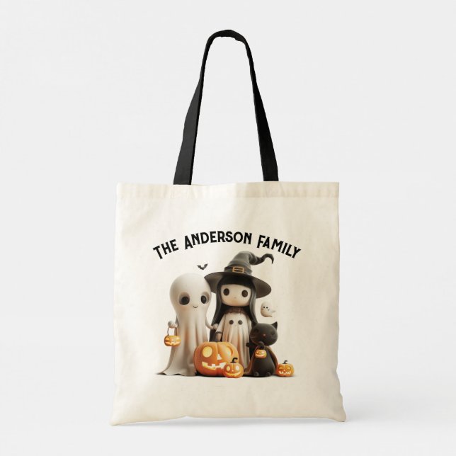 Cartoon Cute Witch Ghost Pumpkins Family Halloween Tote Bag (Back)