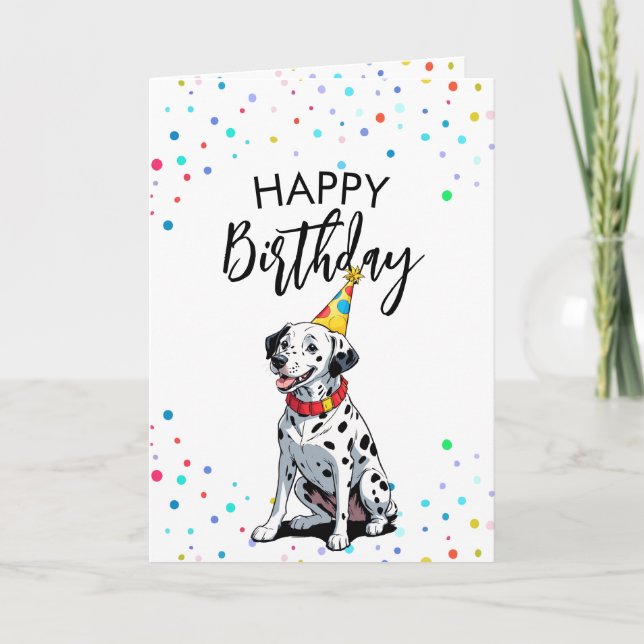 Cartoon Dalmatian Dog with Confetti Birthday Card (Front)