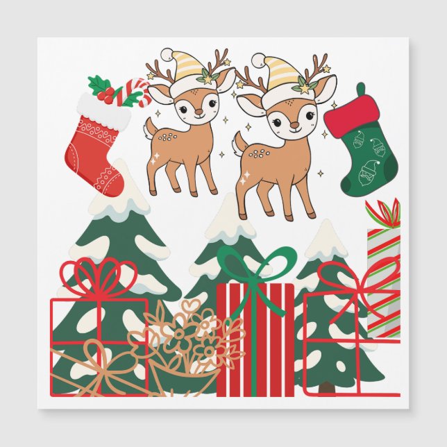 Cartoon Deer & Christmas Elements Magnetic Card (Front)