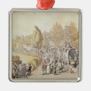 Cartoon depicting country folk leaving for metal tree decoration