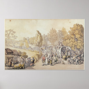 Cartoon depicting country folk leaving for poster