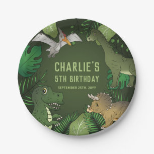 Cartoon Dinosaur Drawings With Plants Birthday Paper Plate
