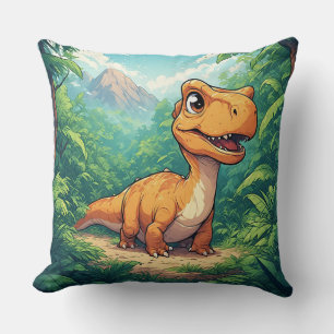 Cartoon Dinosaur Exploring a Tropical Jungle Cushion